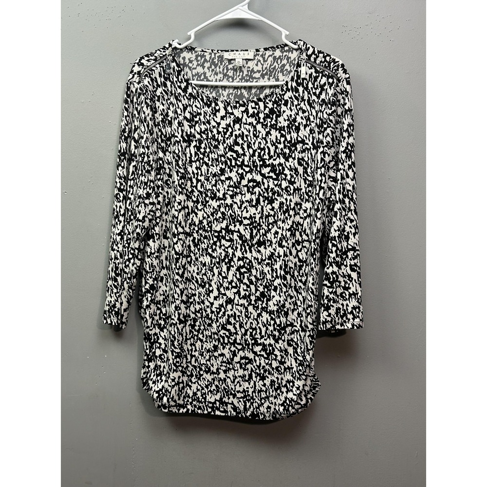 Chaus New York Shirt Womens XL Black White Abstract Print 3/4 Sleeve Zip Stretch